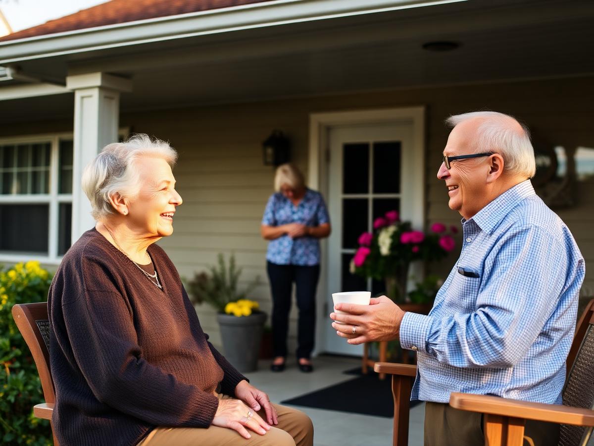 Older adults chatting on the front porch of a ranch-style home