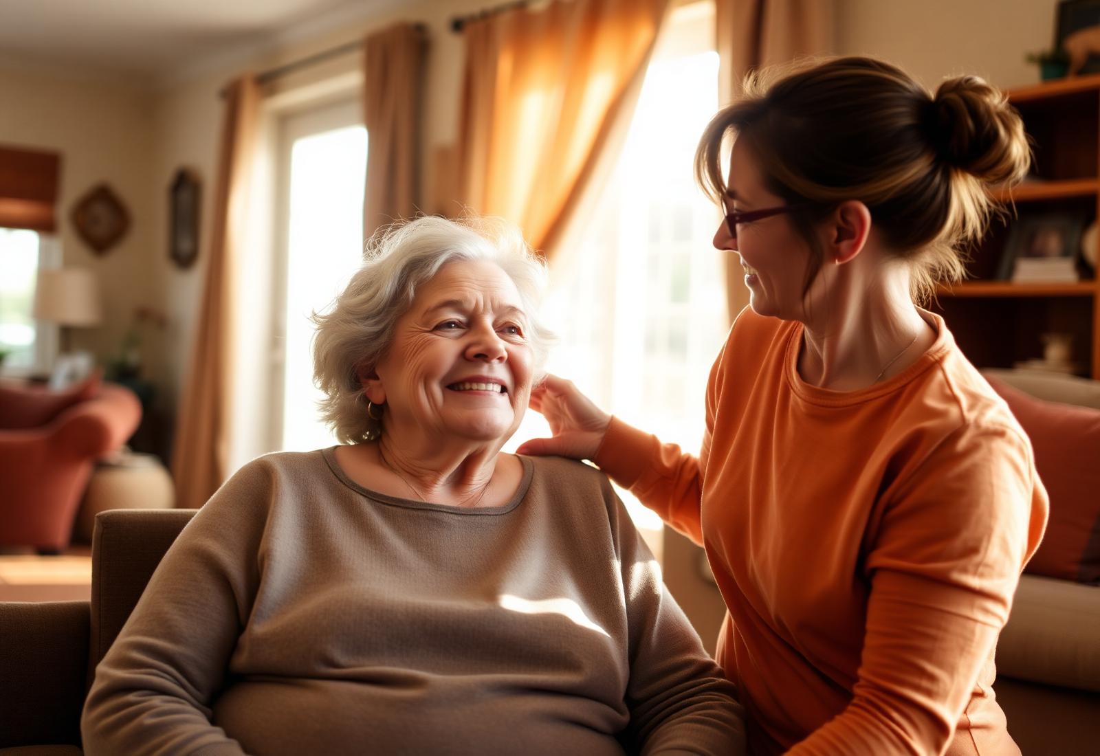 A caregiver and an elderly resident sharing a warm moment in a sunlit living room
