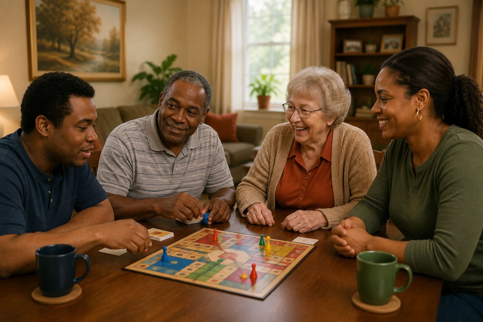 Residents sharing a game with a caregiver in a home-like setting