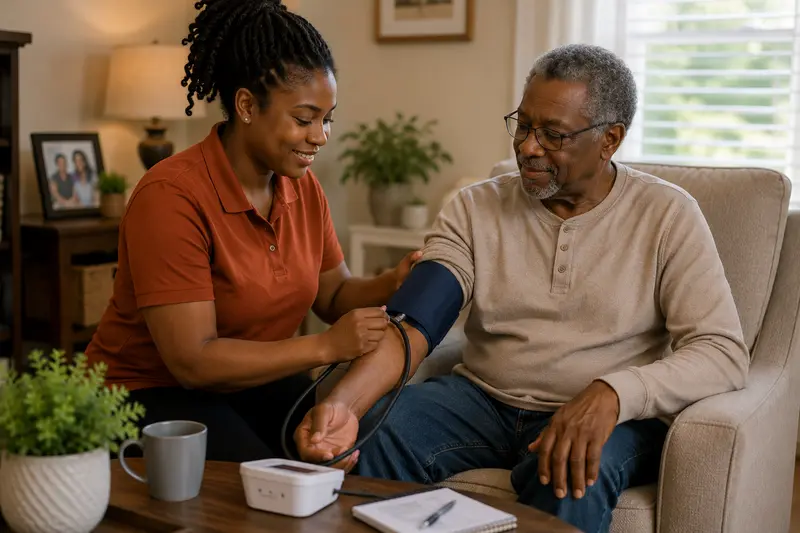 Caregiver checking in with a resident in a home setting