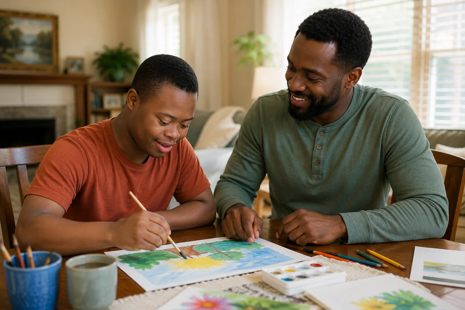 Young adult enjoying a creative activity with a supportive caregiver